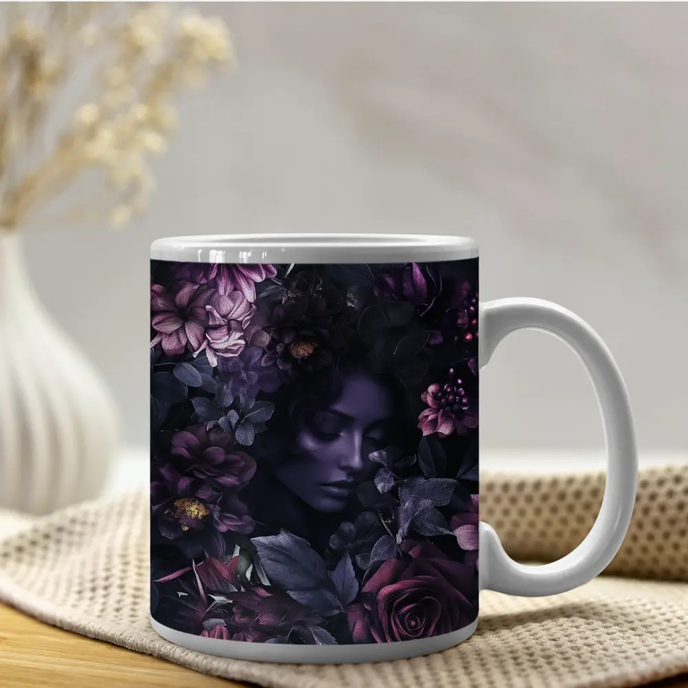 Dark Floral Woman Portrait Purple Roses – Mugs