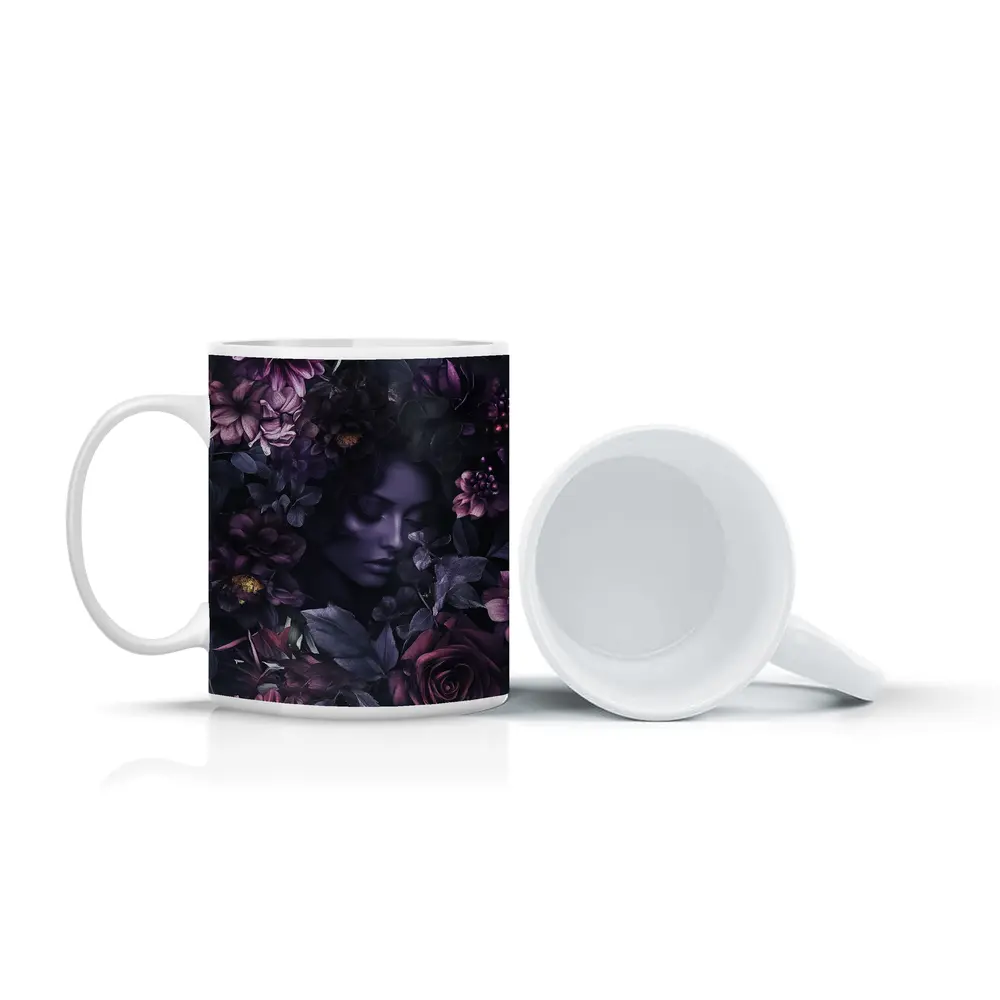Dark Floral Woman Portrait Purple Roses – Mugs