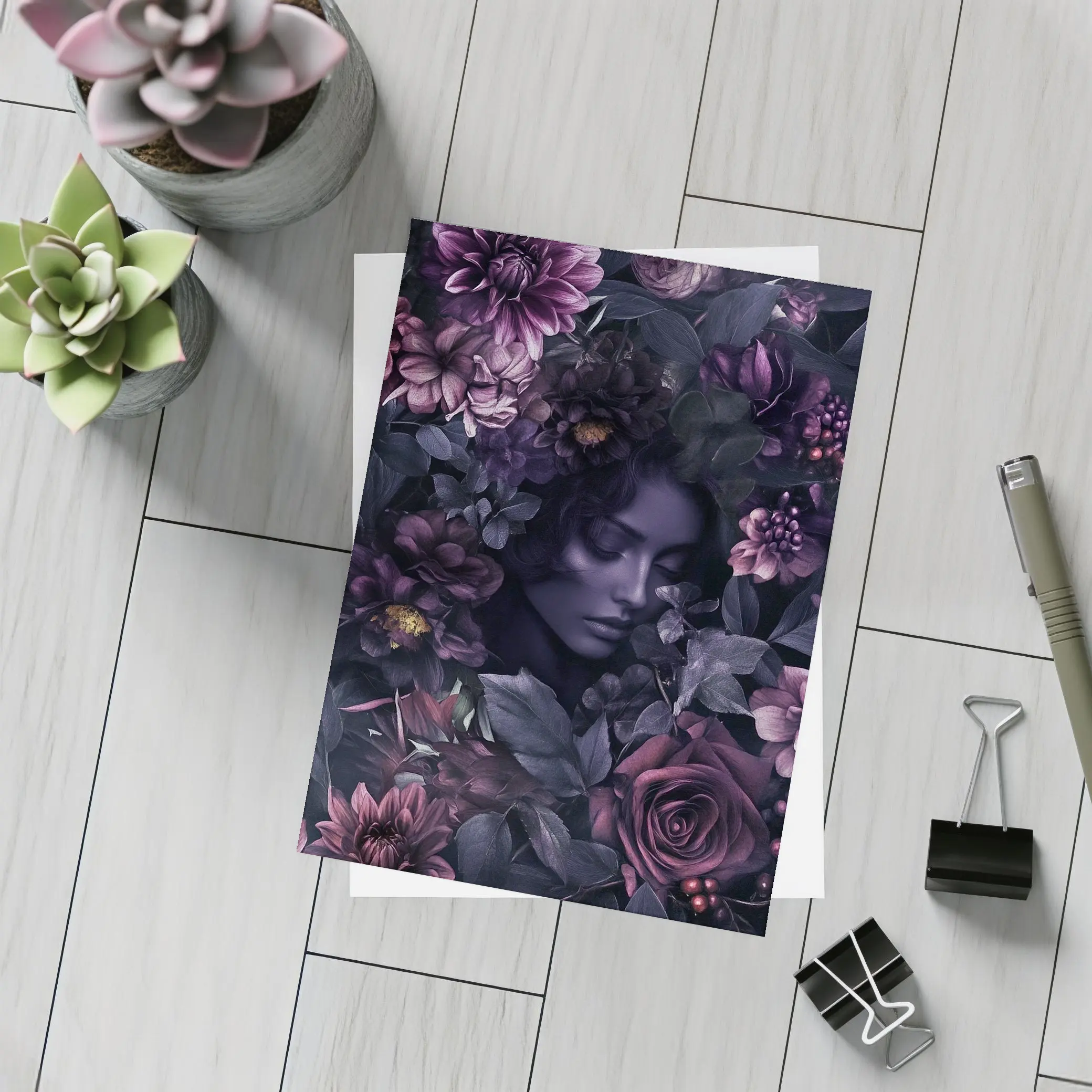 Dark Floral Woman Portrait Purple Roses – Postcards