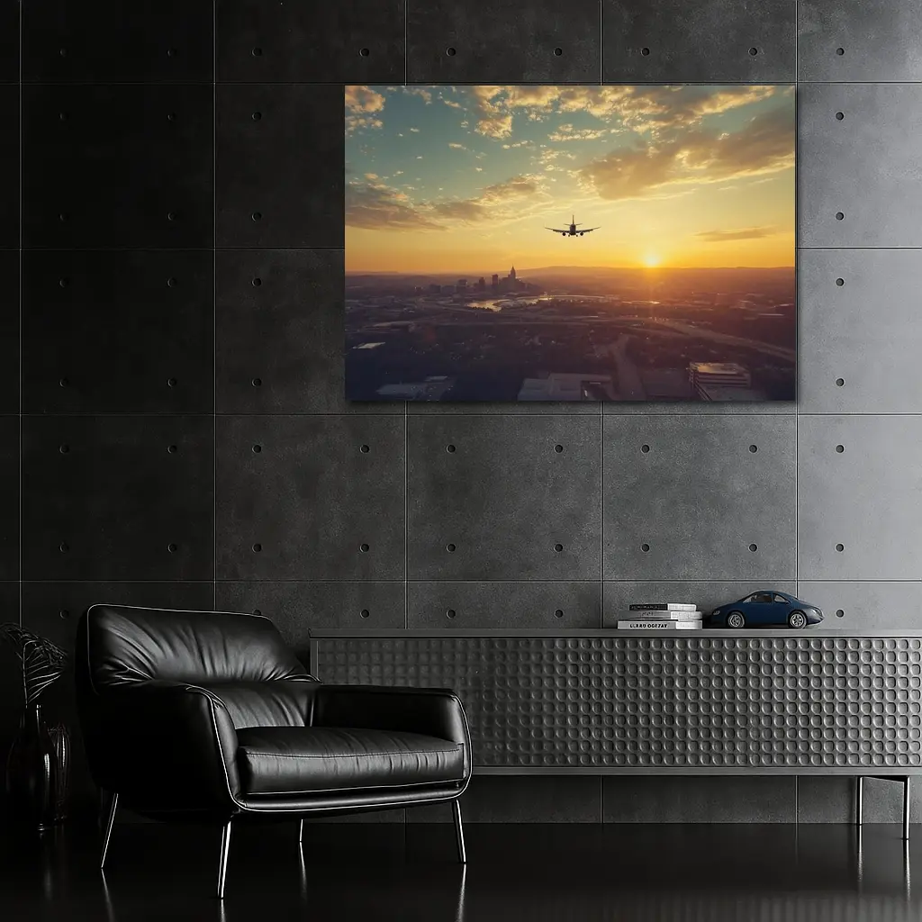 Airplane Silhouette Flying Over City Sunset – Wall Art