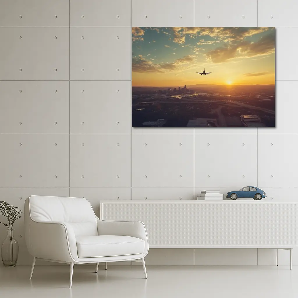 Airplane Silhouette Flying Over City Sunset – Wall Art