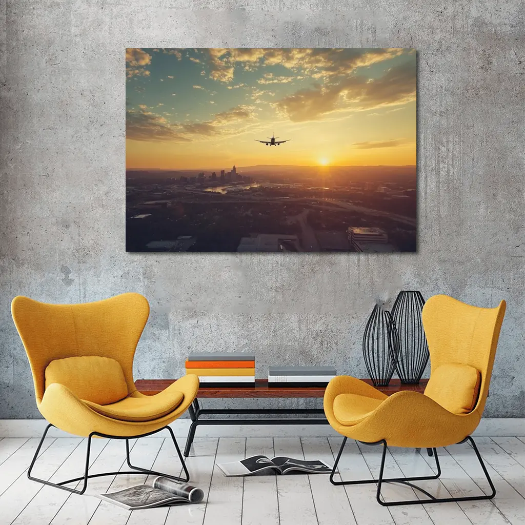 Airplane Silhouette Flying Over City Sunset – Wall Art