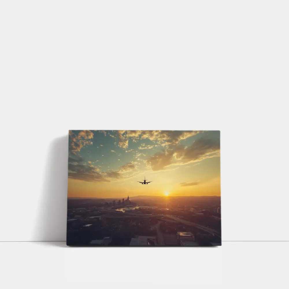 Airplane Silhouette Flying Over City Sunset – Wall Art