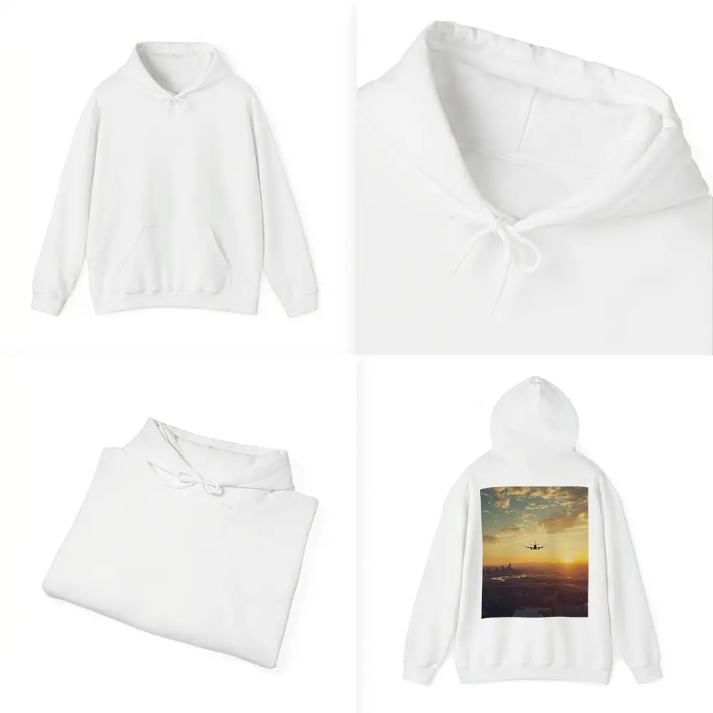 Airplane Silhouette Flying Over City Sunset – Hoodies