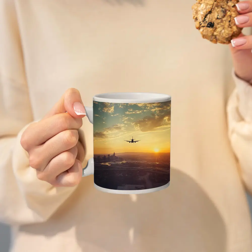 Airplane Silhouette Flying Over City Sunset – Mugs