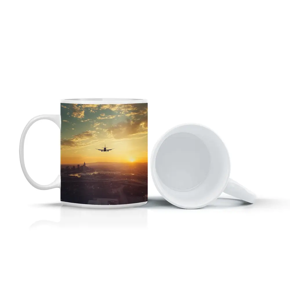 Airplane Silhouette Flying Over City Sunset – Mugs