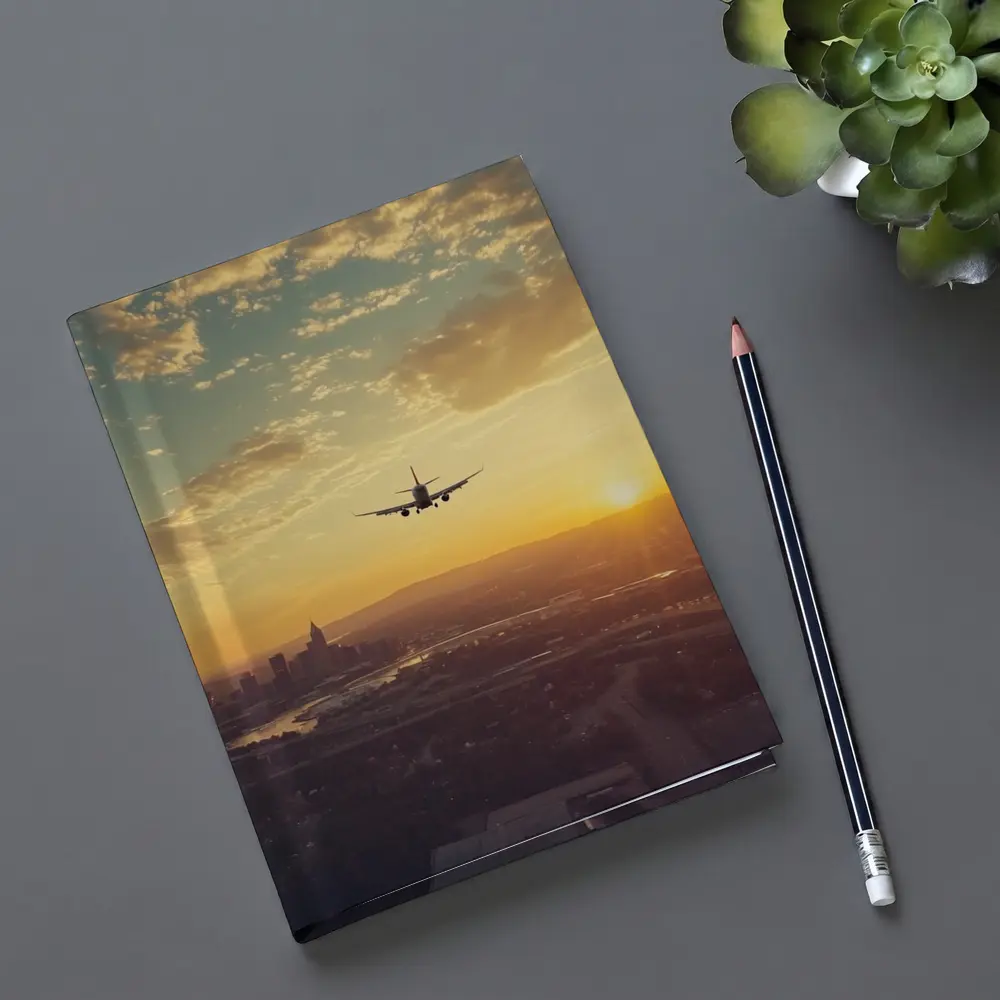 Airplane Silhouette Flying Over City Sunset – Notebooks