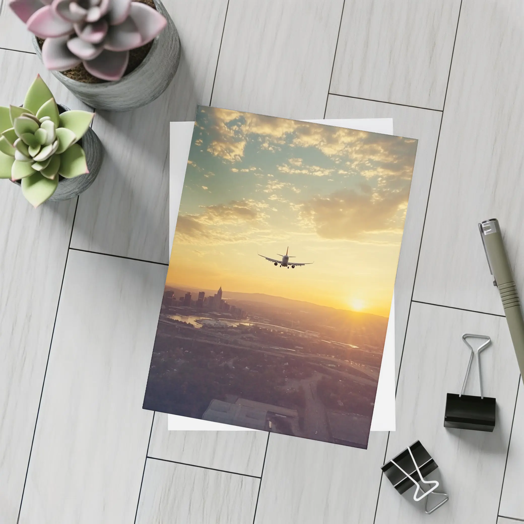 Airplane Silhouette Flying Over City Sunset – Postcards
