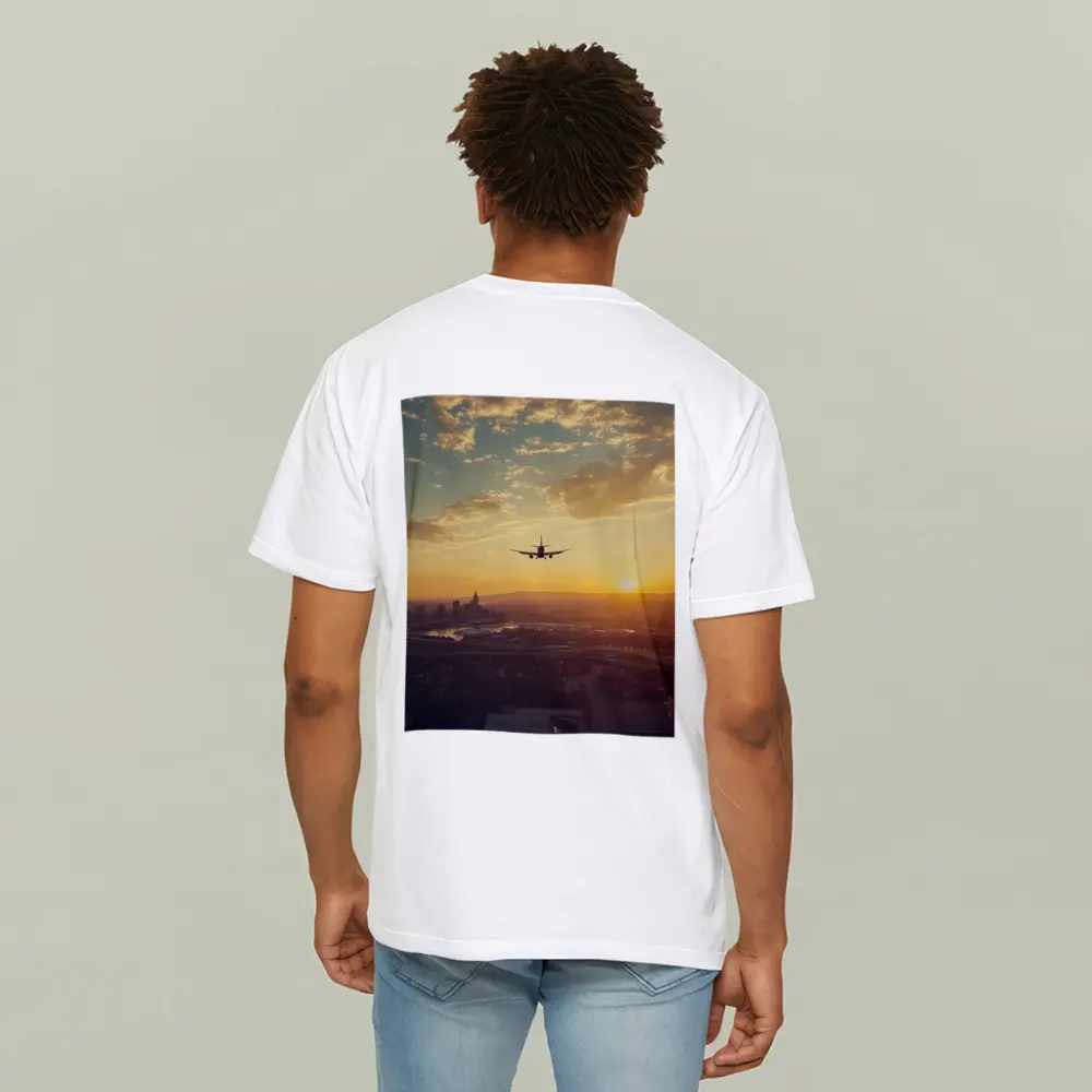 Airplane Silhouette Flying Over City Sunset – T-Shirts