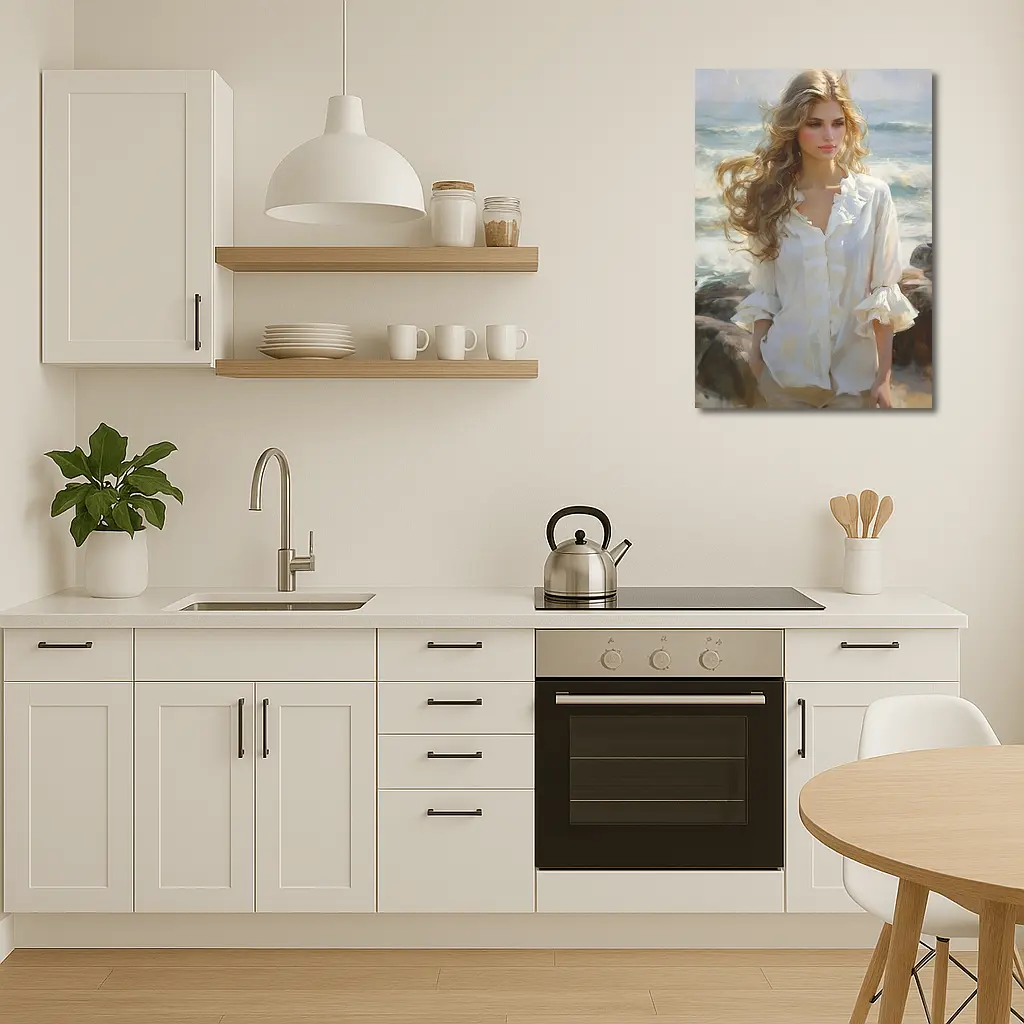 Blonde Woman Oil Painting Beach Waves – Wall Art