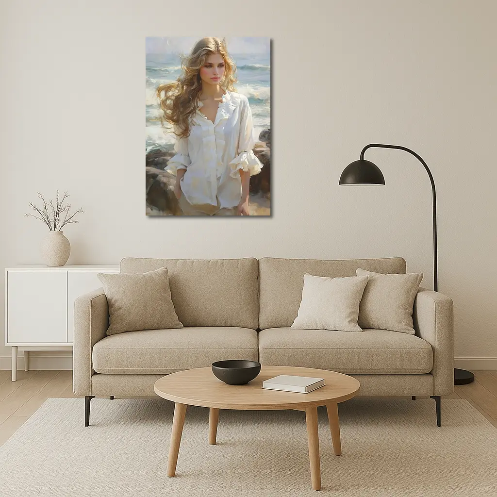 Blonde Woman Oil Painting Beach Waves – Wall Art