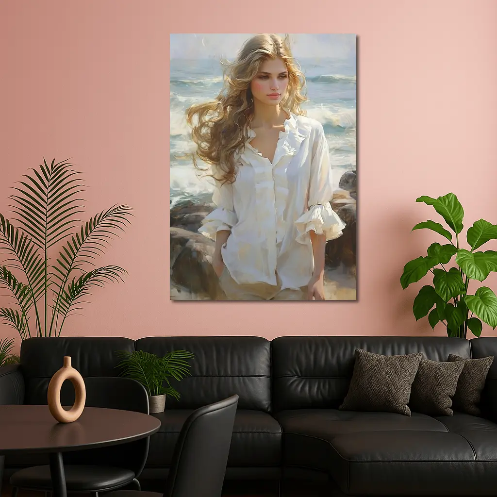 Blonde Woman Oil Painting Beach Waves – Wall Art