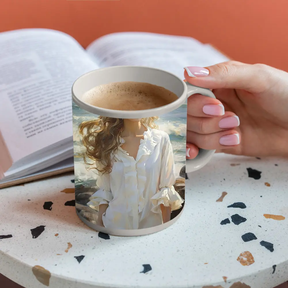Blonde Woman Oil Painting Beach Waves – Mugs