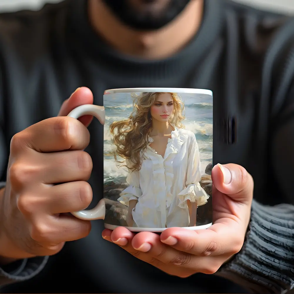 Blonde Woman Oil Painting Beach Waves – Mugs