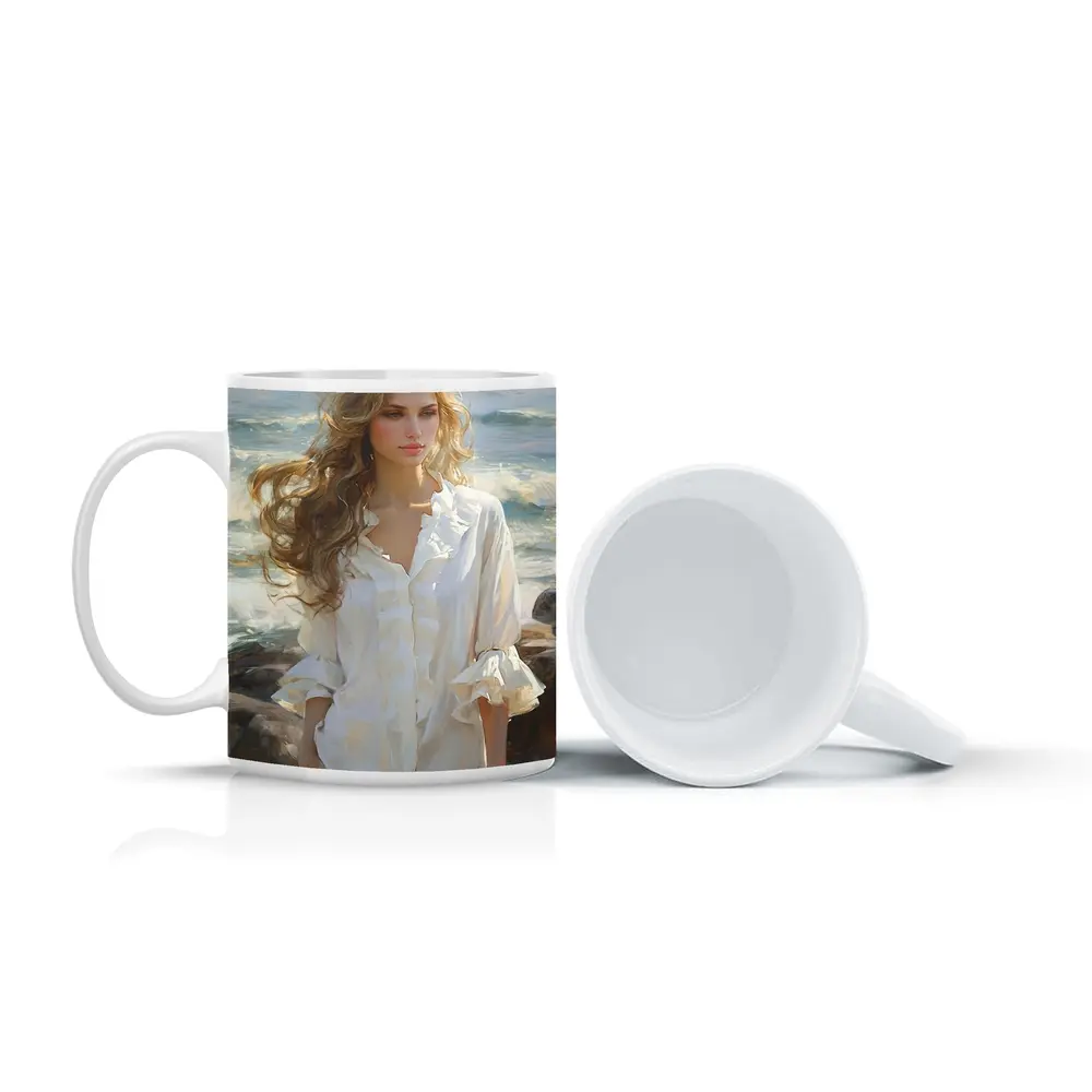 Blonde Woman Oil Painting Beach Waves – Mugs