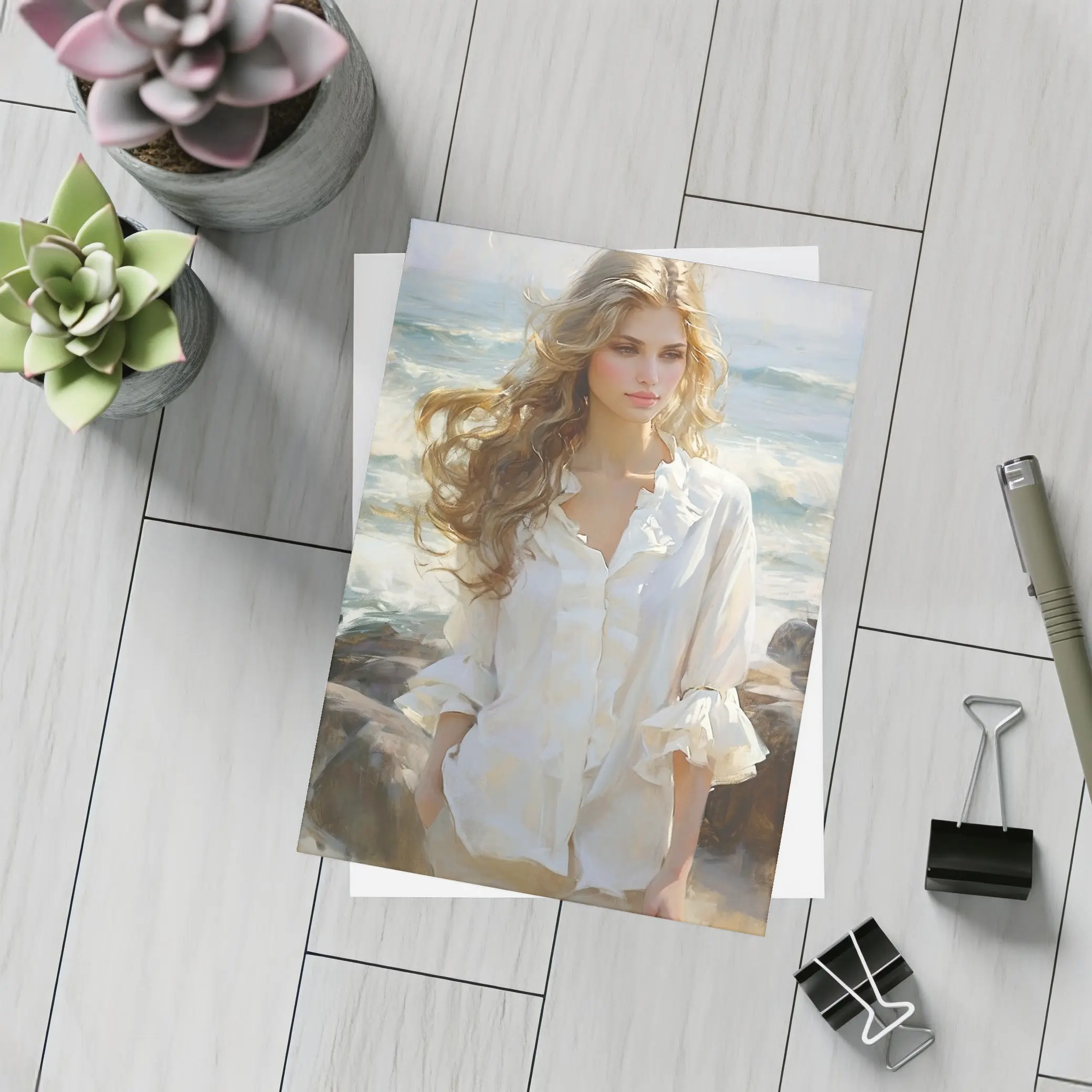 Blonde Woman Oil Painting Beach Waves – Postcards