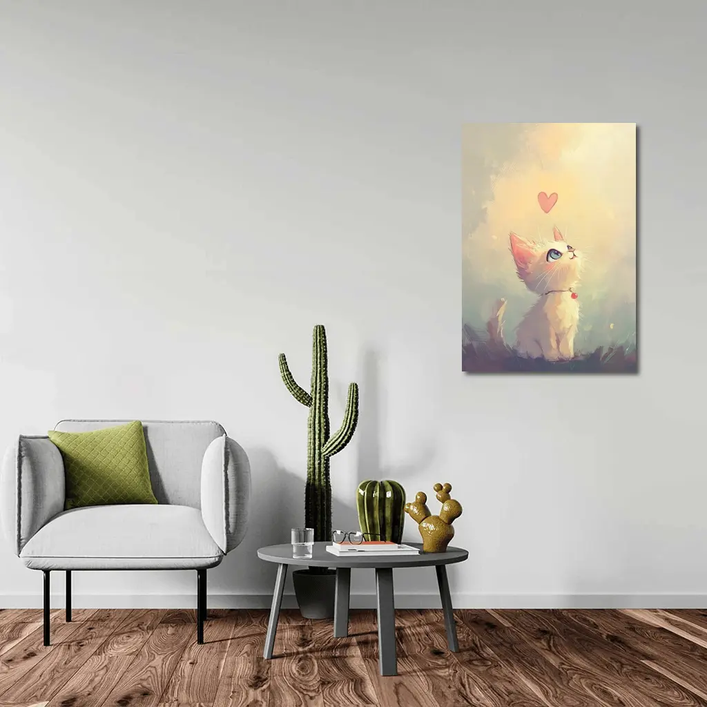 White Kitten With Heart Soft Painterly Background – Wall Art