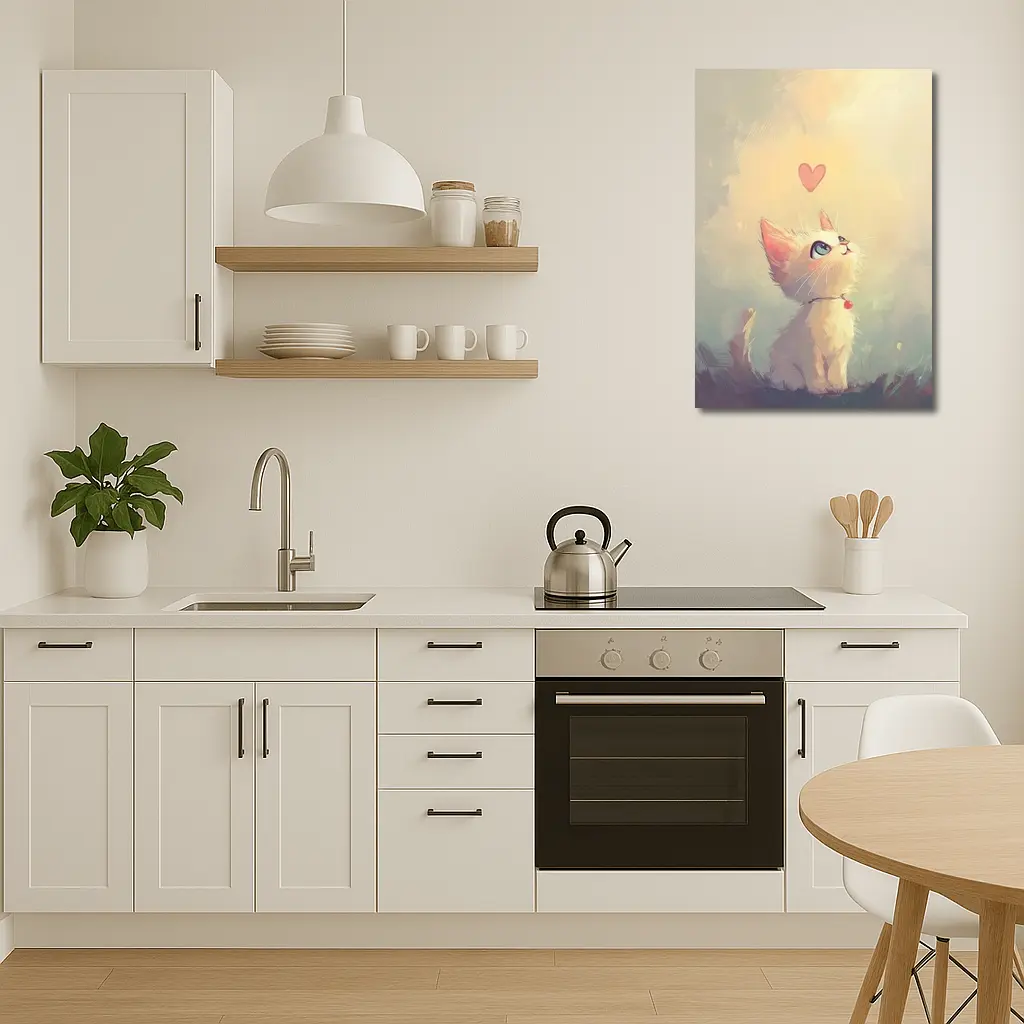 White Kitten With Heart Soft Painterly Background – Wall Art