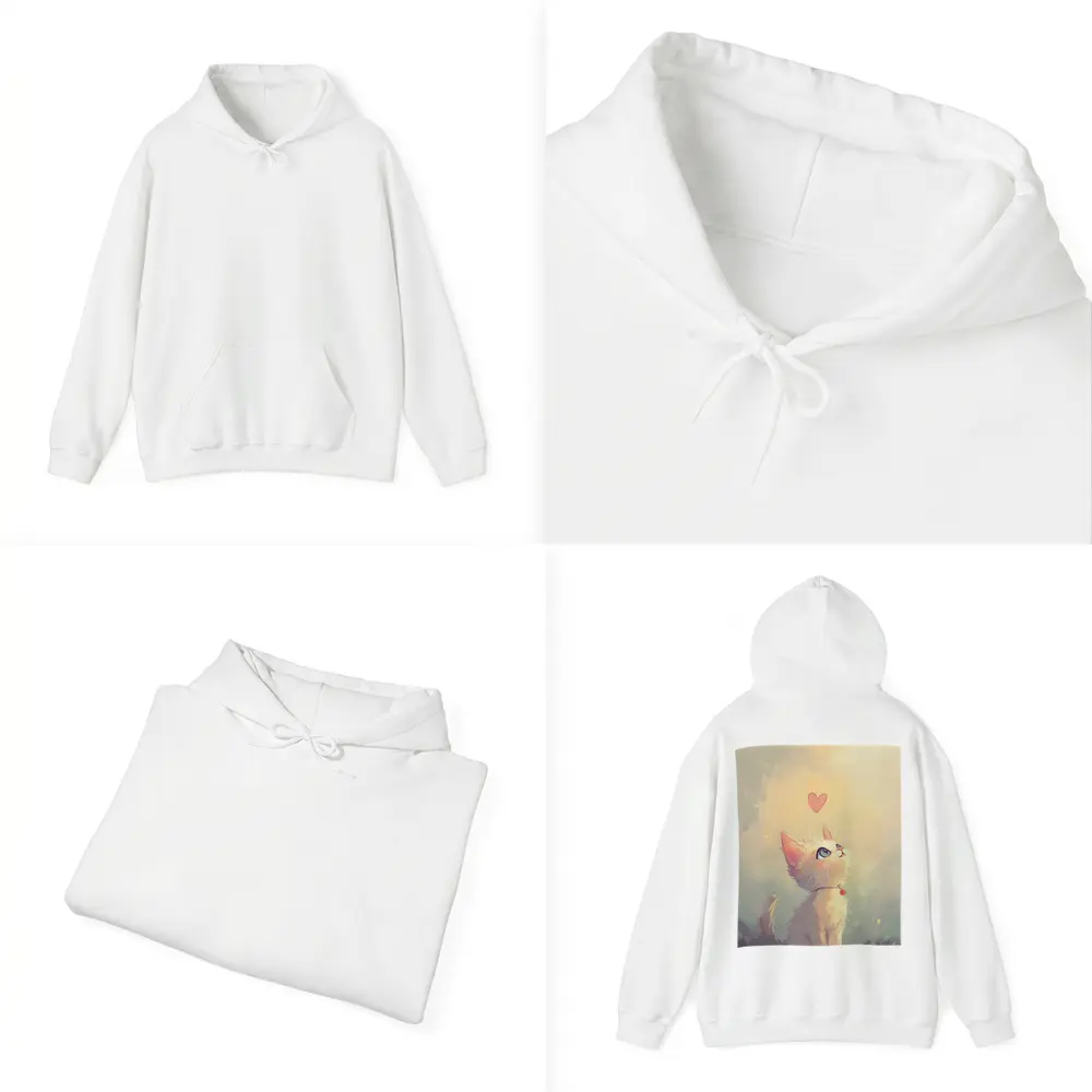 White Kitten With Heart Soft Painterly Background – Hoodies