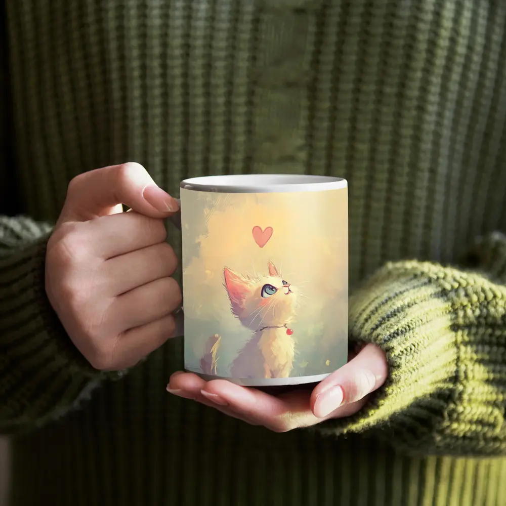 White Kitten With Heart Soft Painterly Background – Mugs