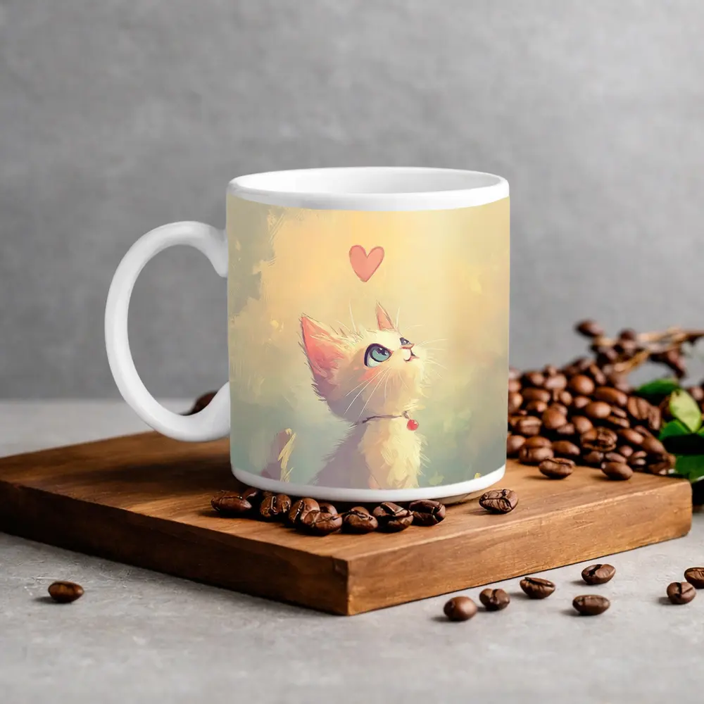 White Kitten With Heart Soft Painterly Background – Mugs