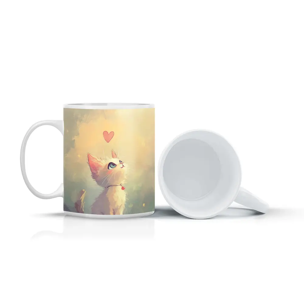 White Kitten With Heart Soft Painterly Background – Mugs