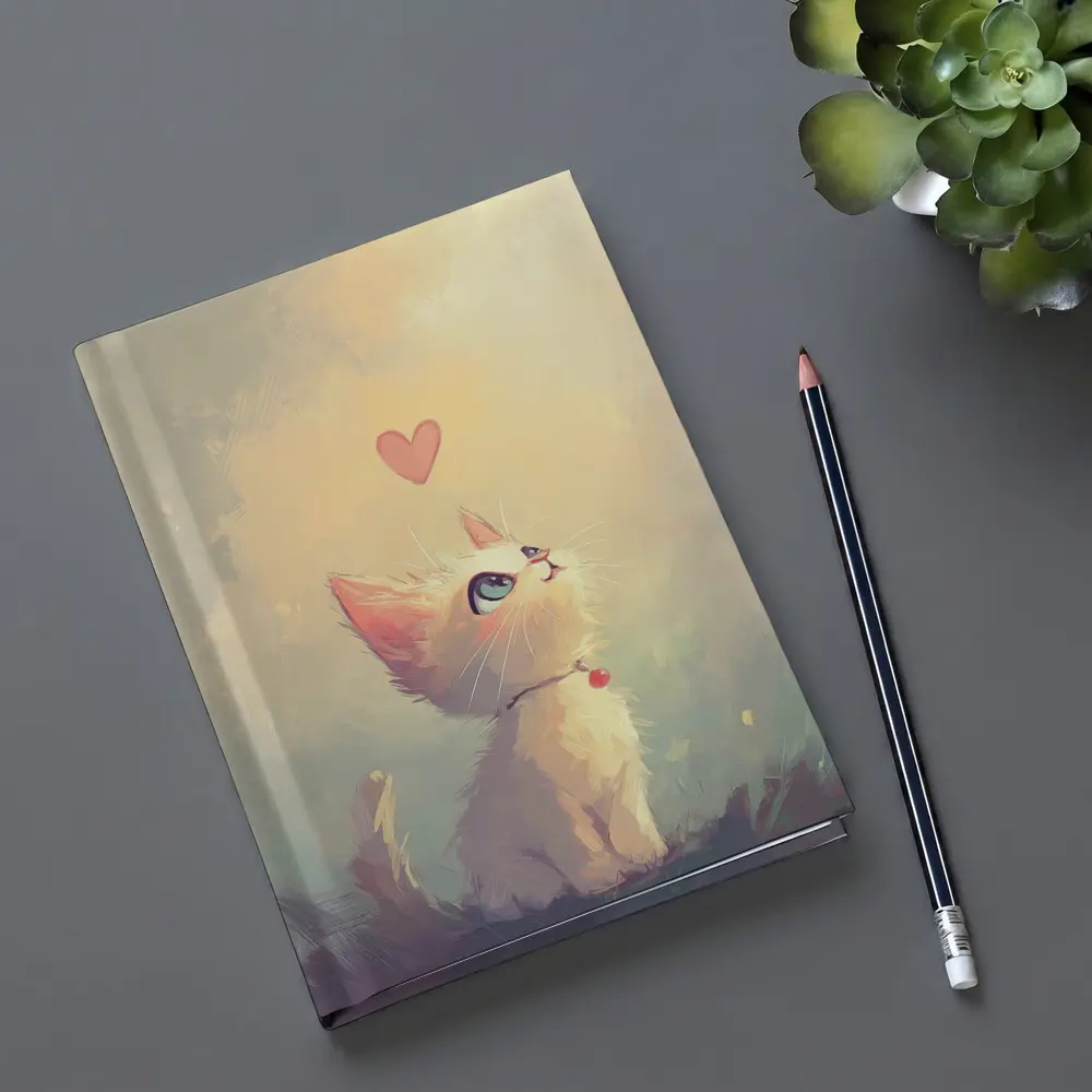 White Kitten With Heart Soft Painterly Background – Notebooks