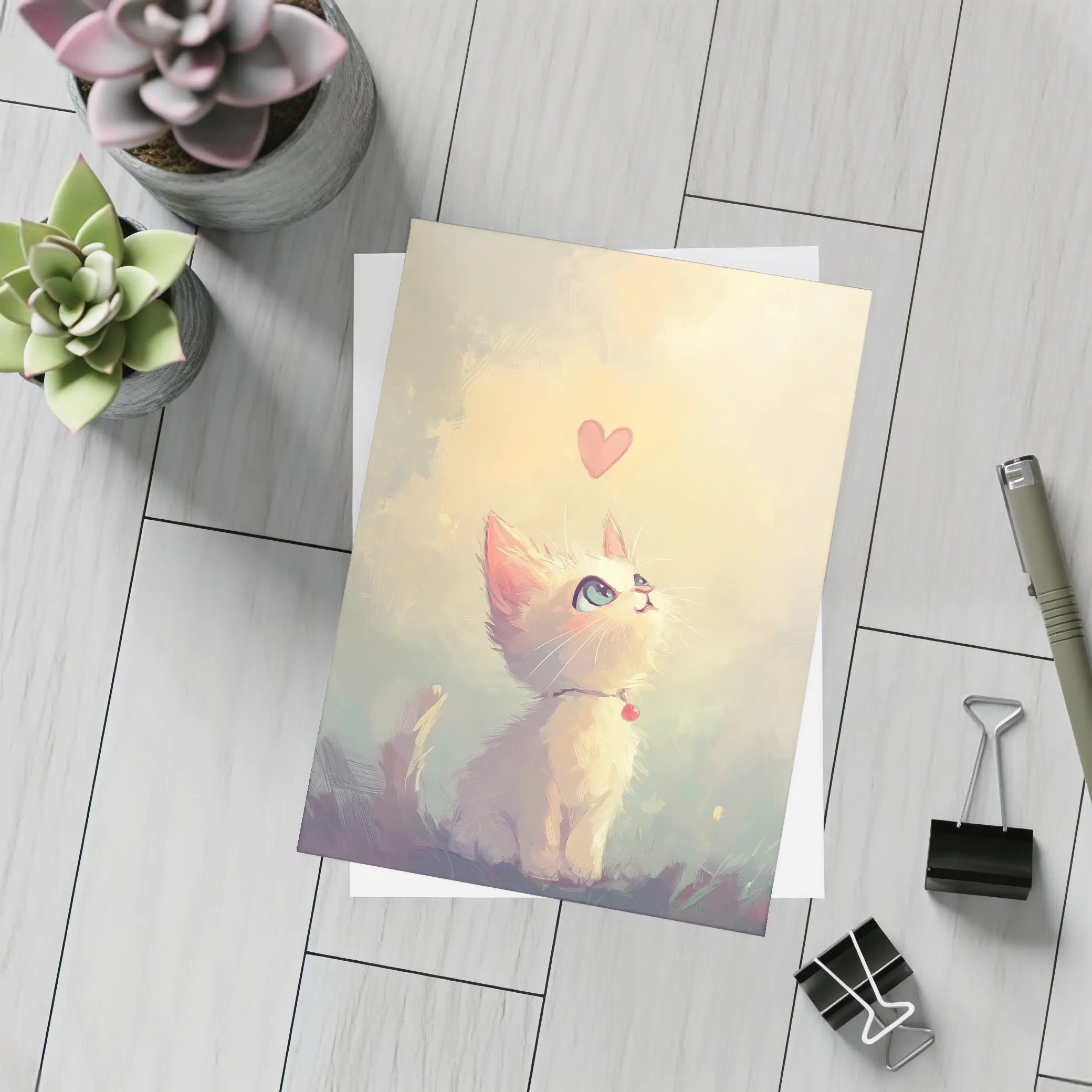 White Kitten With Heart Soft Painterly Background – Postcards