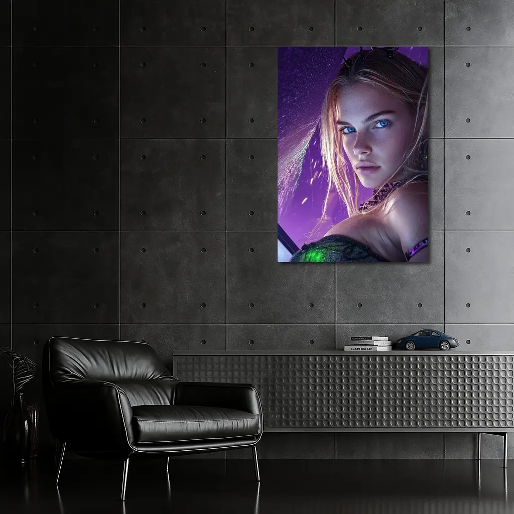 Fantasy Girl Blue Eyes Purple Neon Background – Wall Art