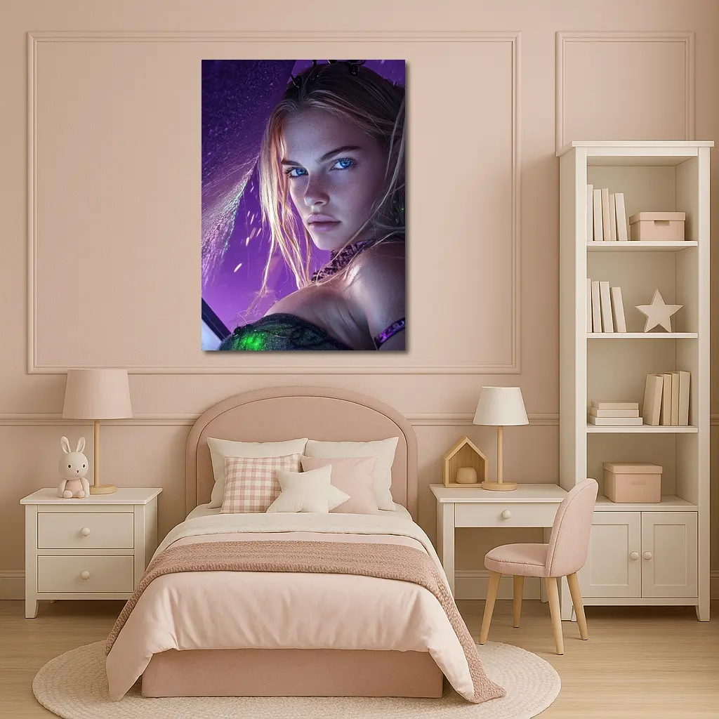 Fantasy Girl Blue Eyes Purple Neon Background – Wall Art