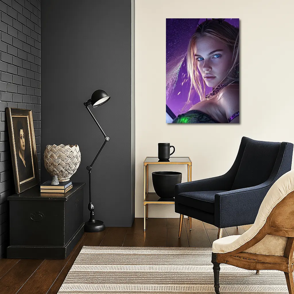 Fantasy Girl Blue Eyes Purple Neon Background – Wall Art