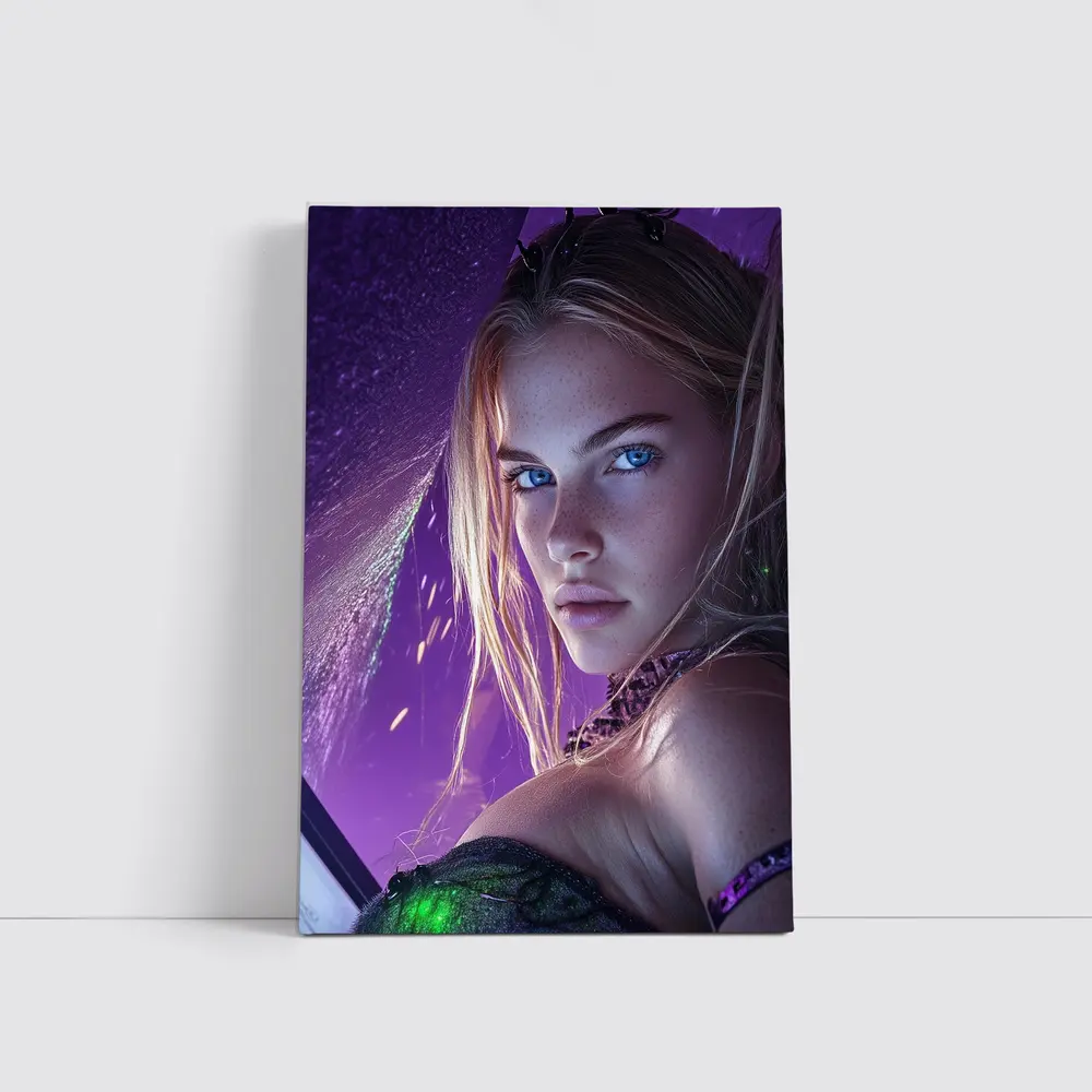 Fantasy Girl Blue Eyes Purple Neon Background – Wall Art