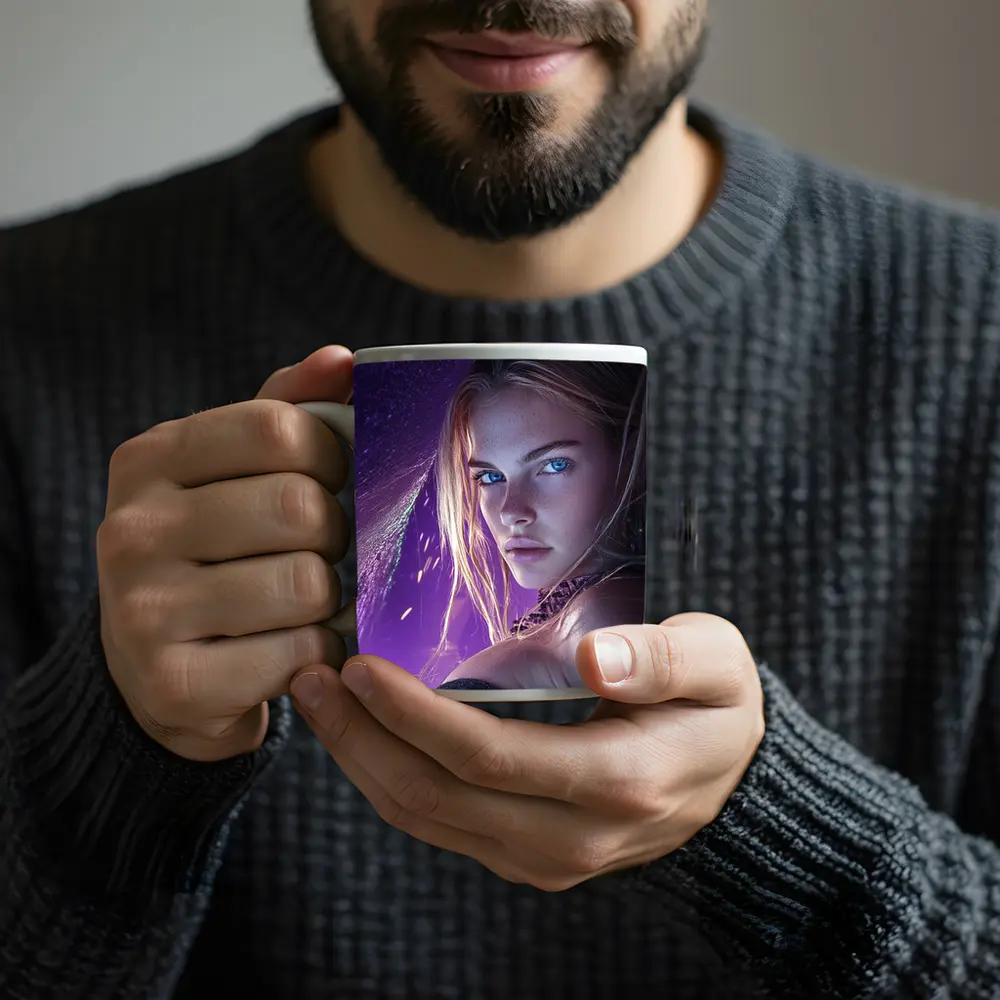 Fantasy Girl Blue Eyes Purple Neon Background – Mugs