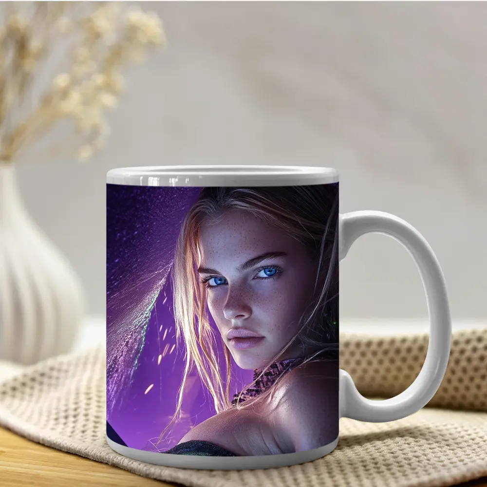 Fantasy Girl Blue Eyes Purple Neon Background – Mugs