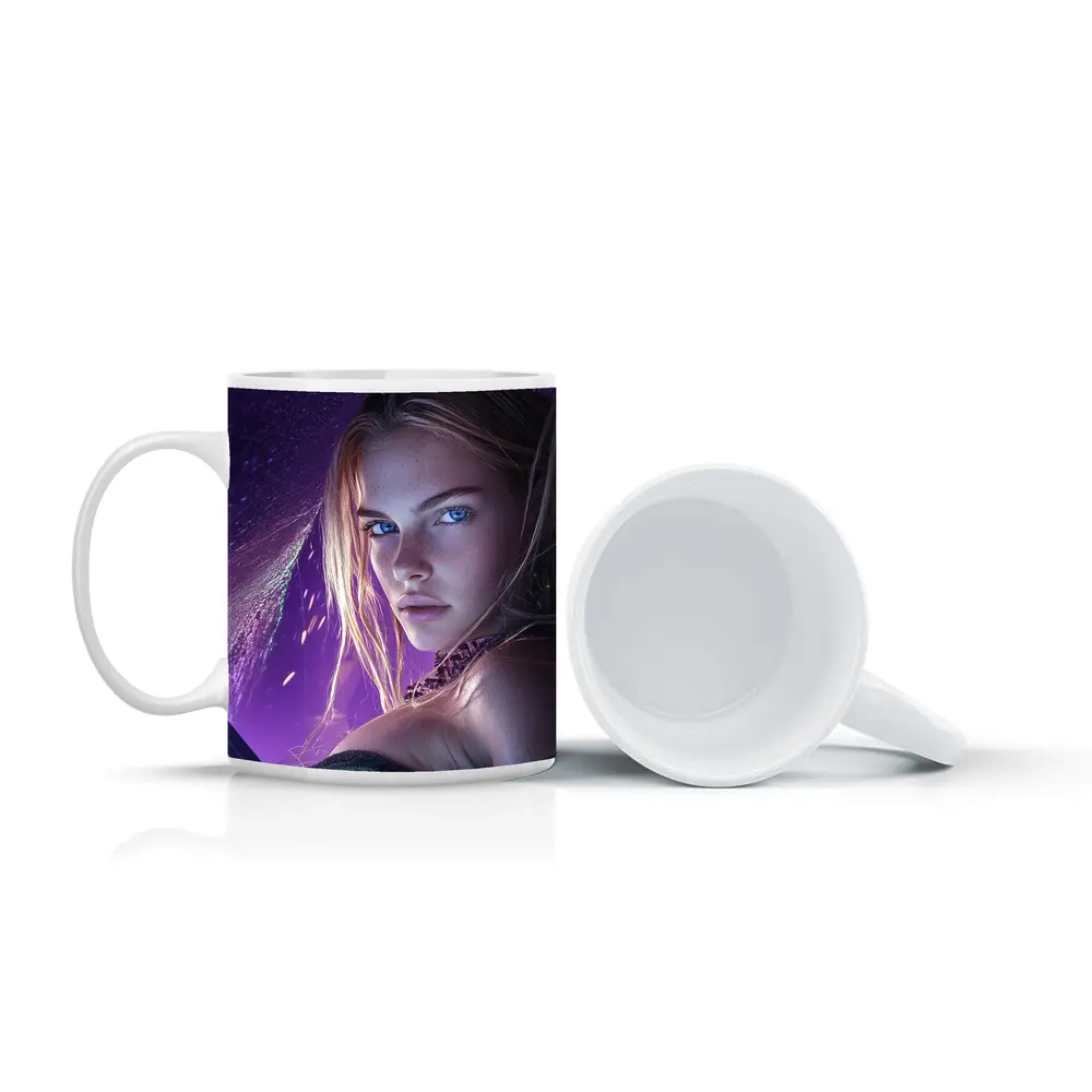 Fantasy Girl Blue Eyes Purple Neon Background – Mugs