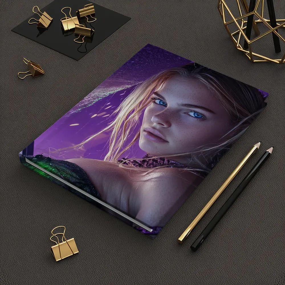 Fantasy Girl Blue Eyes Purple Neon Background – Notebooks