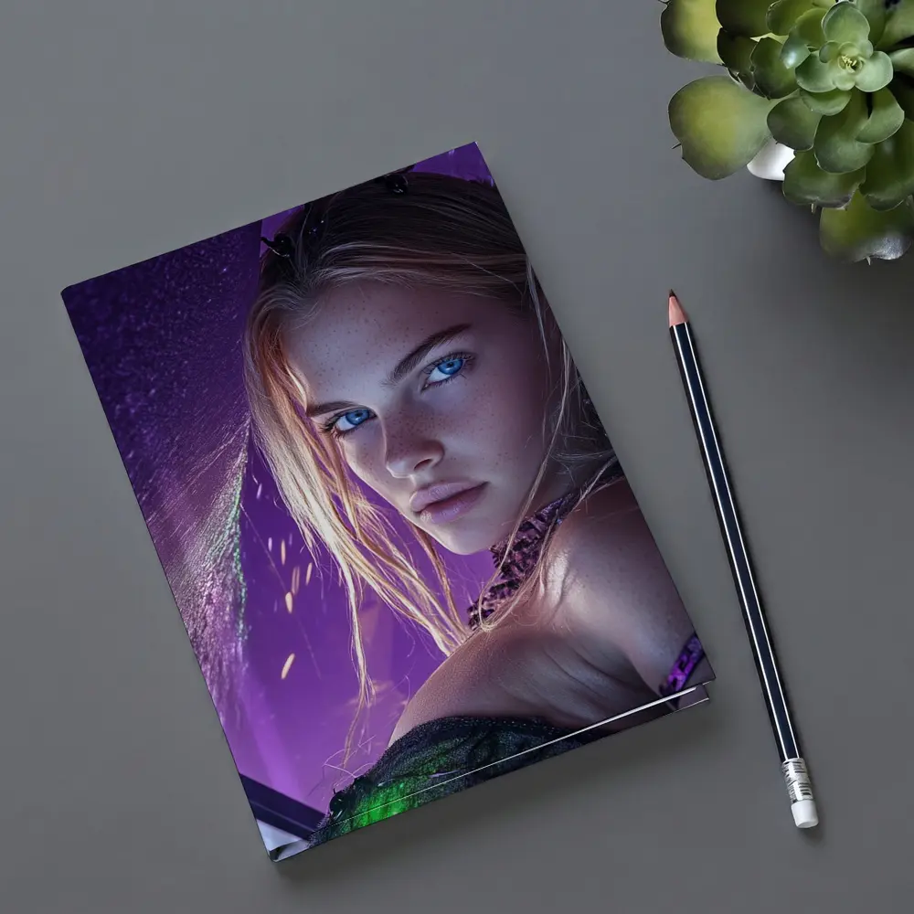 Fantasy Girl Blue Eyes Purple Neon Background – Notebooks