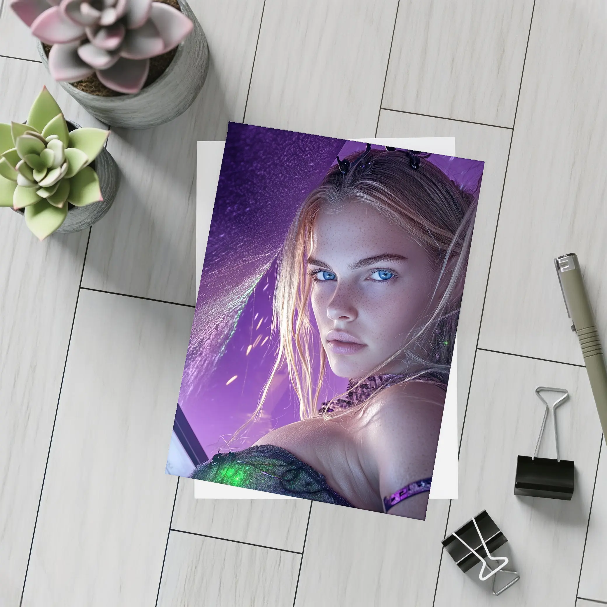Fantasy Girl Blue Eyes Purple Neon Background – Postcards