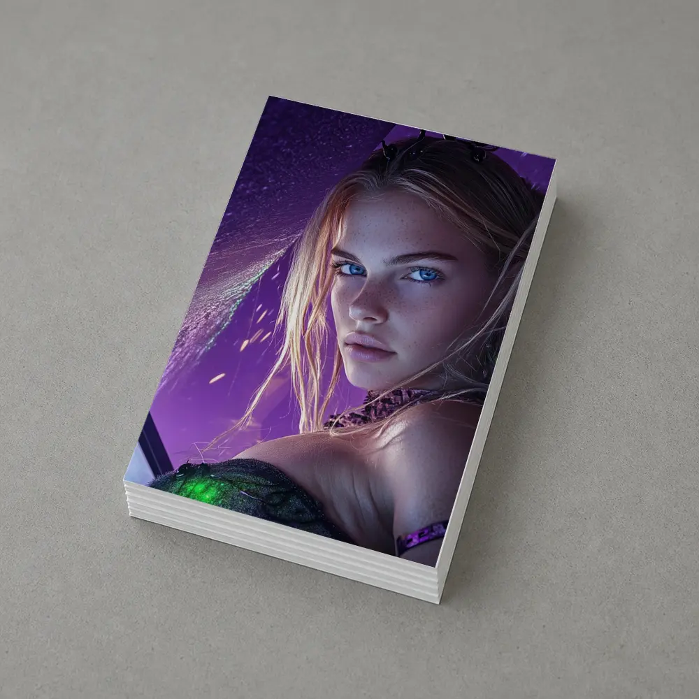 Fantasy Girl Blue Eyes Purple Neon Background – Postcards