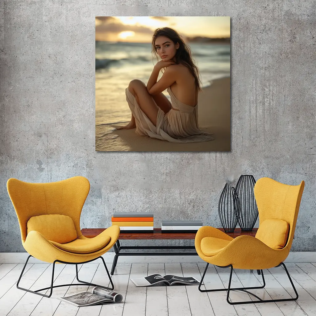 Woman in Beige Dress Sitting Beach Sunset – Wall Art