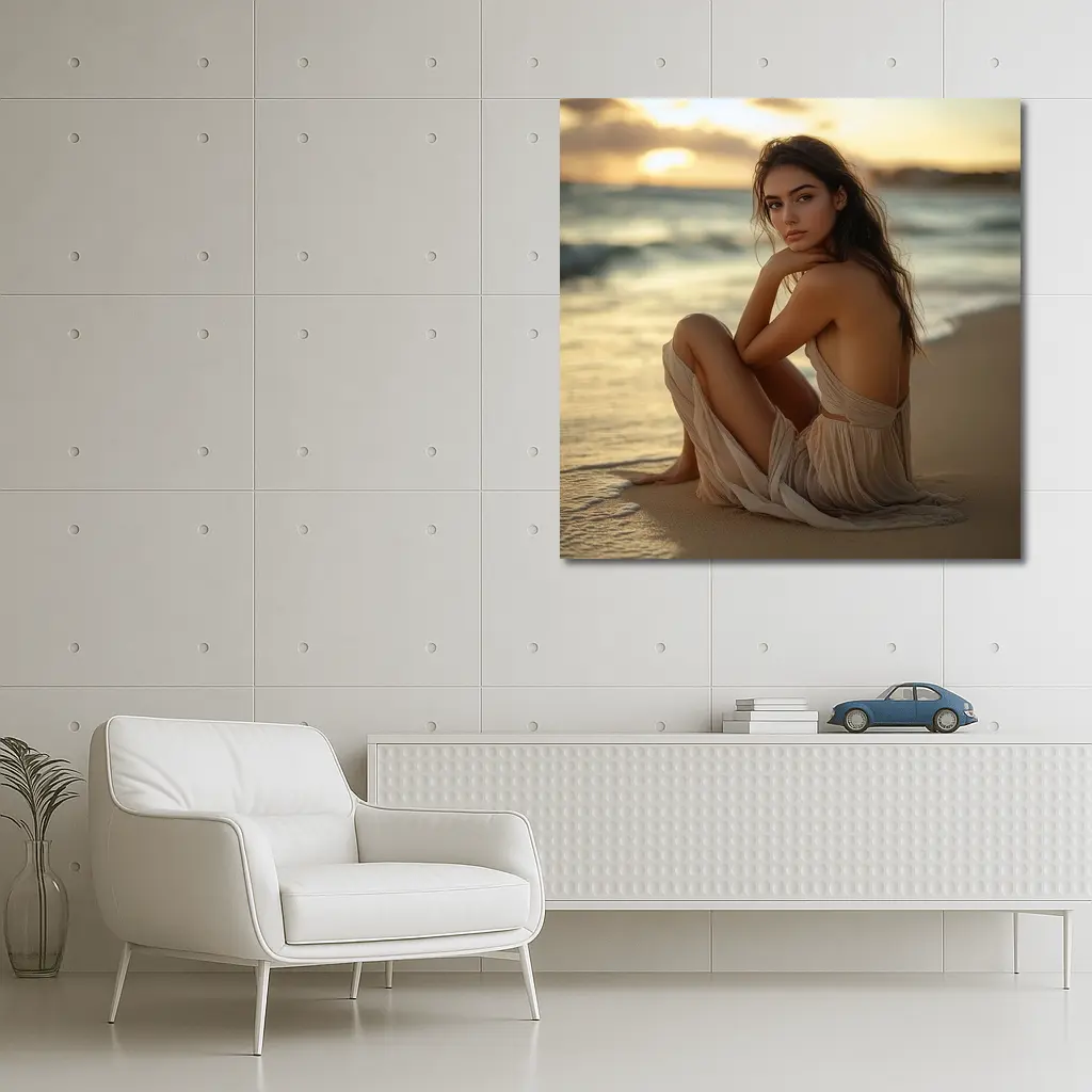 Woman in Beige Dress Sitting Beach Sunset – Wall Art