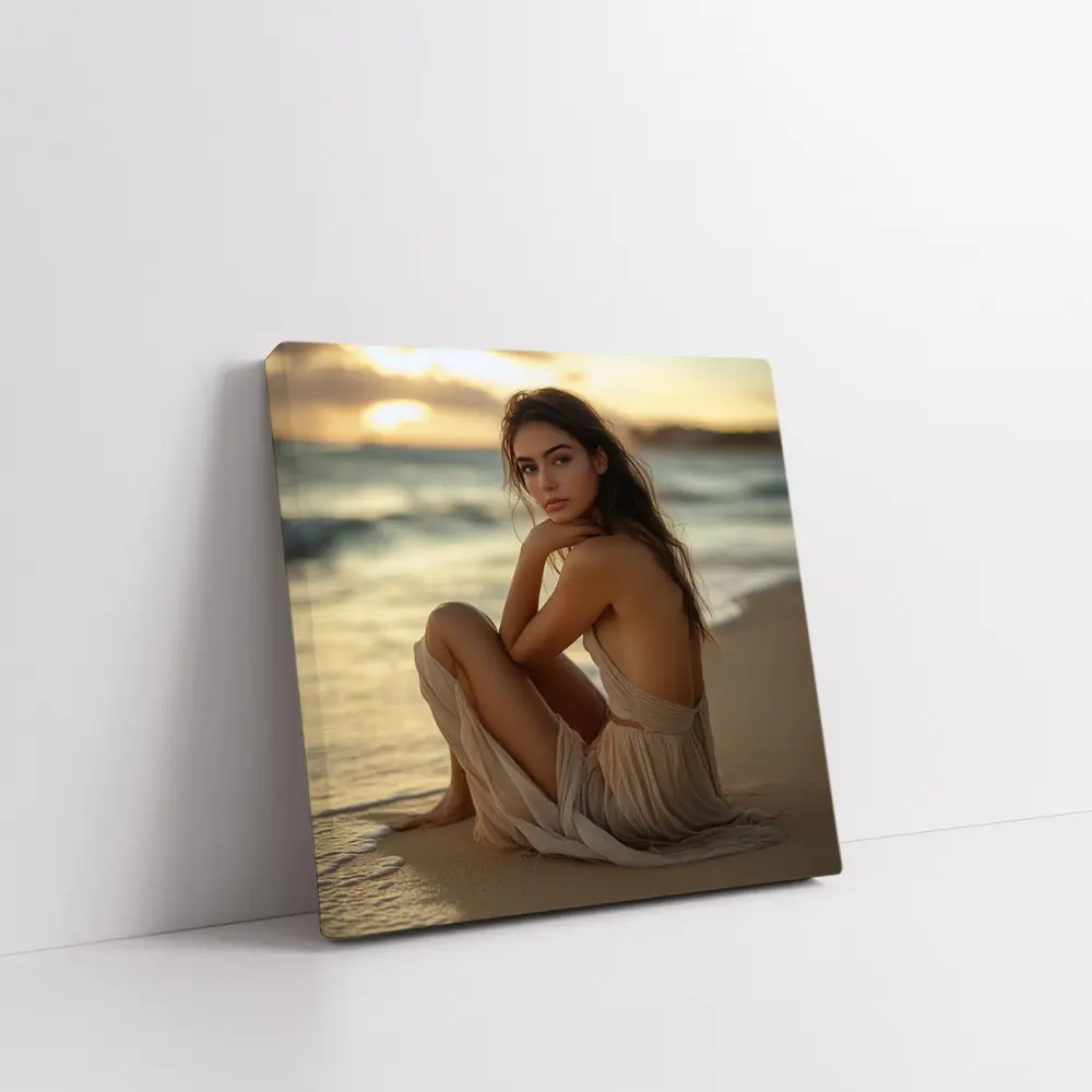 Woman in Beige Dress Sitting Beach Sunset – Wall Art