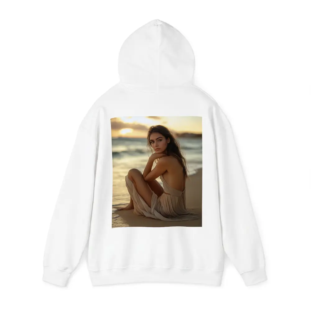 Woman in Beige Dress Sitting Beach Sunset – Hoodies