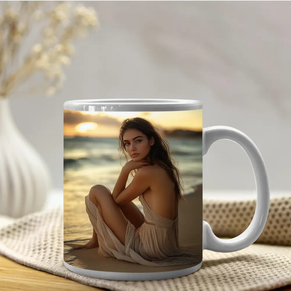 Woman in Beige Dress Sitting Beach Sunset – Mugs