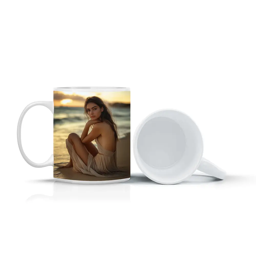 Woman in Beige Dress Sitting Beach Sunset – Mugs