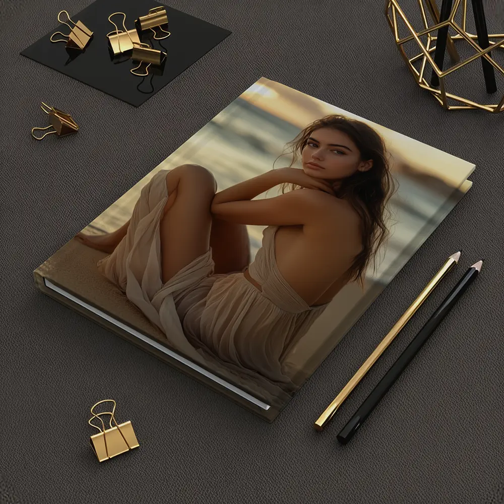 Woman in Beige Dress Sitting Beach Sunset – Notebooks
