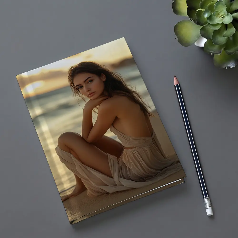 Woman in Beige Dress Sitting Beach Sunset – Notebooks