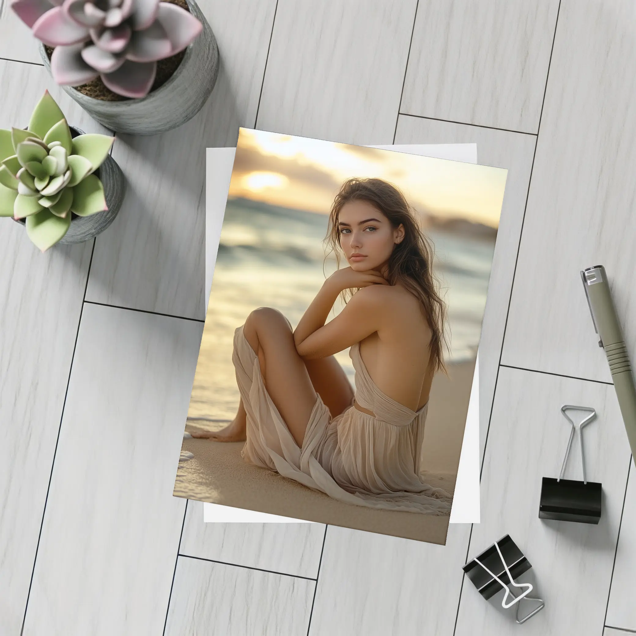 Woman in Beige Dress Sitting Beach Sunset – Postcards
