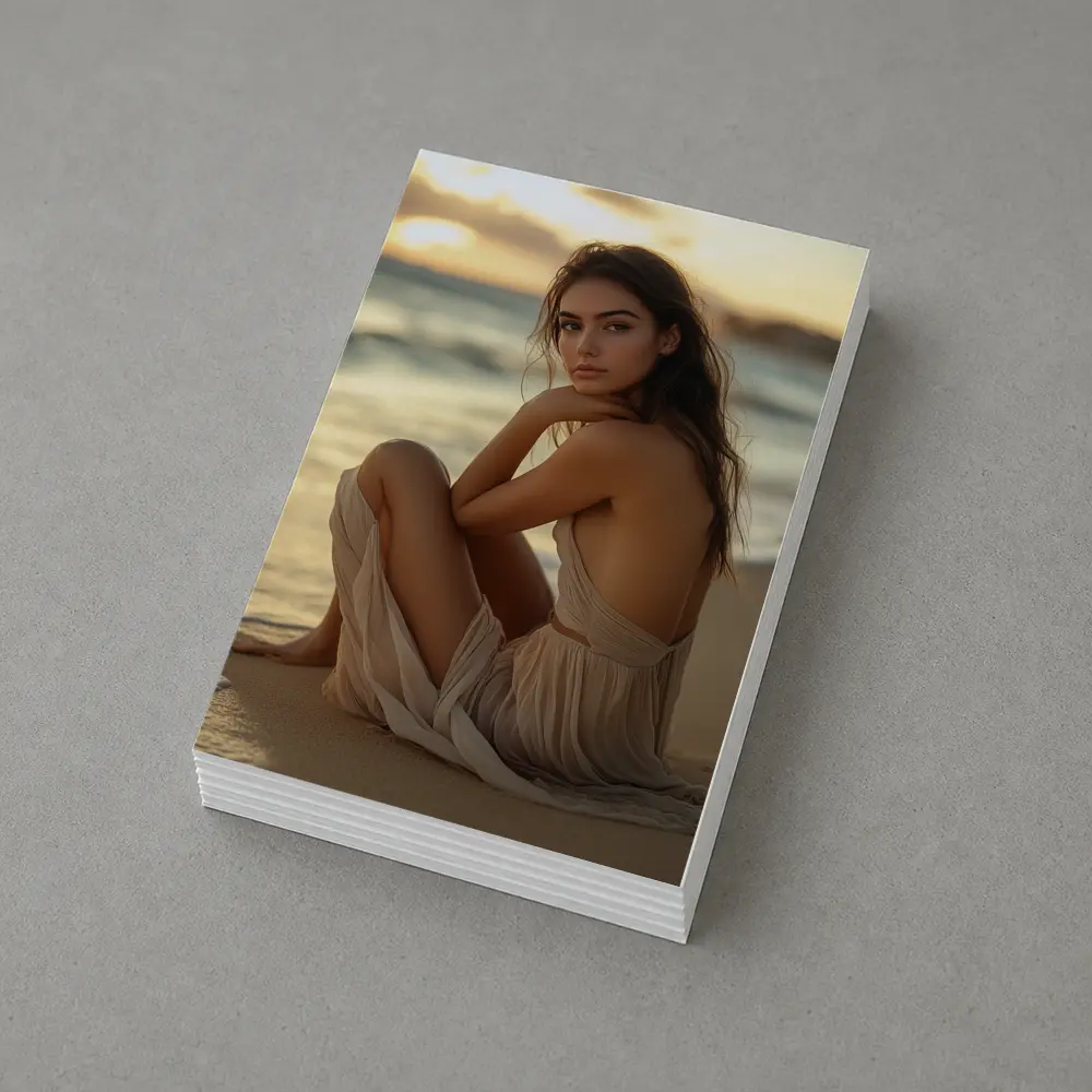 Woman in Beige Dress Sitting Beach Sunset – Postcards