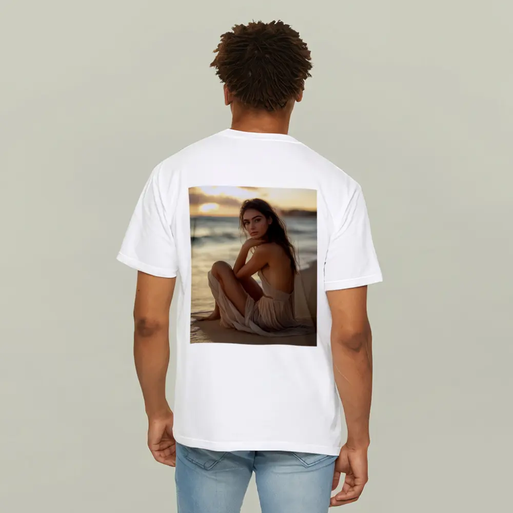 Woman in Beige Dress Sitting Beach Sunset – T-Shirts
